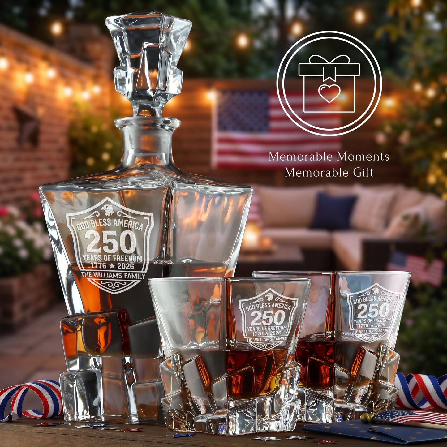 Personalized USA 250th Anniversary Stone Cut Whiskey Glasses — Set of 1, 2, 4 or 6 product image