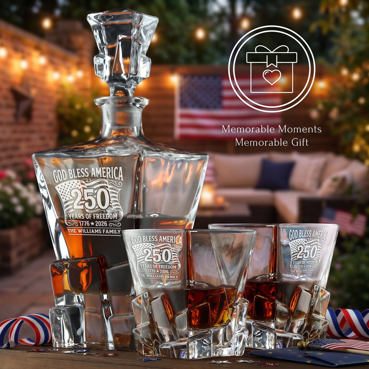Personalized USA 250th Anniversary Stone Cut Whiskey Decanter with Optional Matching Glasses product image