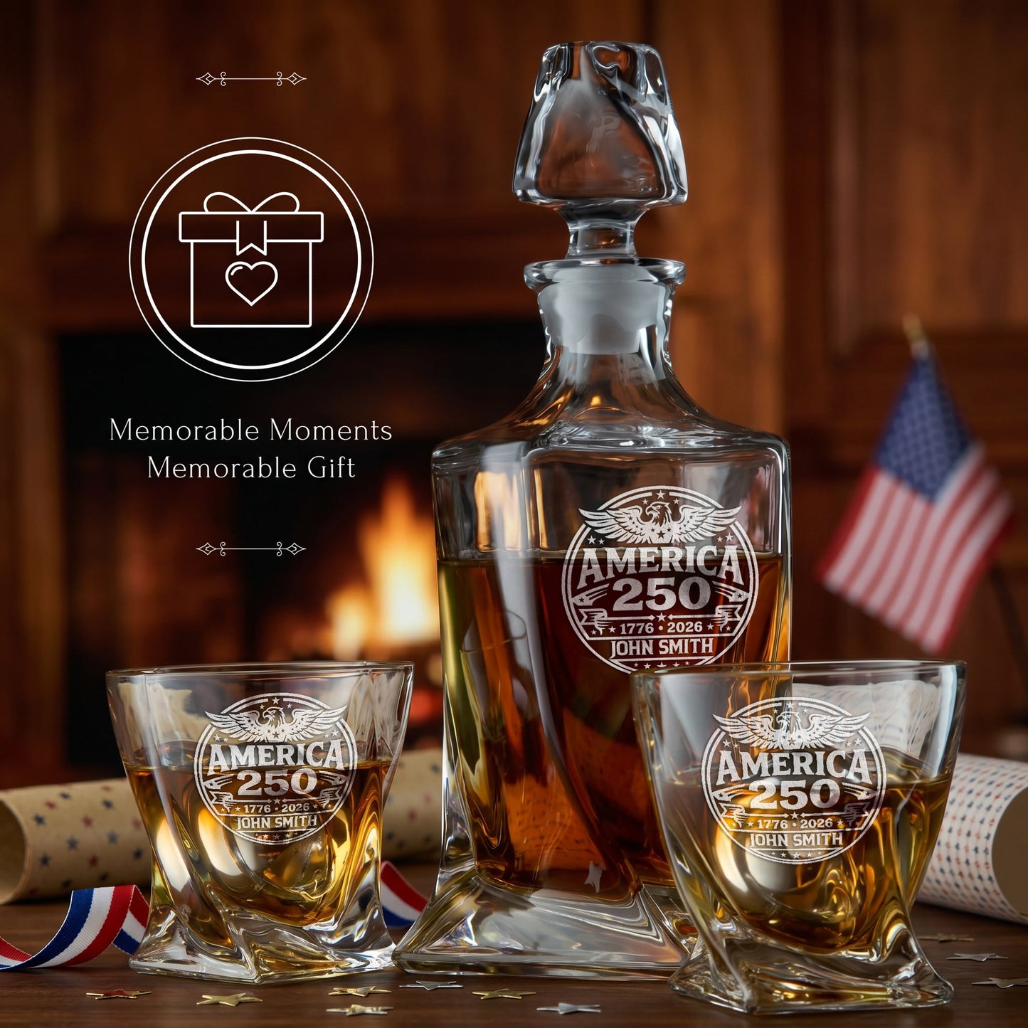 Personalized USA 250th Anniversary Twisted Frolk Whiskey Gift Set — Decanter, 2 Glasses, Premium Wooden Box product image
