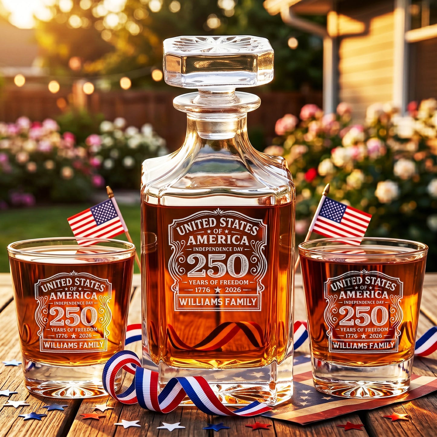Personalized USA 250th Anniversary Classic Frolk Whiskey Gift Set — Decanter, 4 Glasses, Premium Wooden Box product image