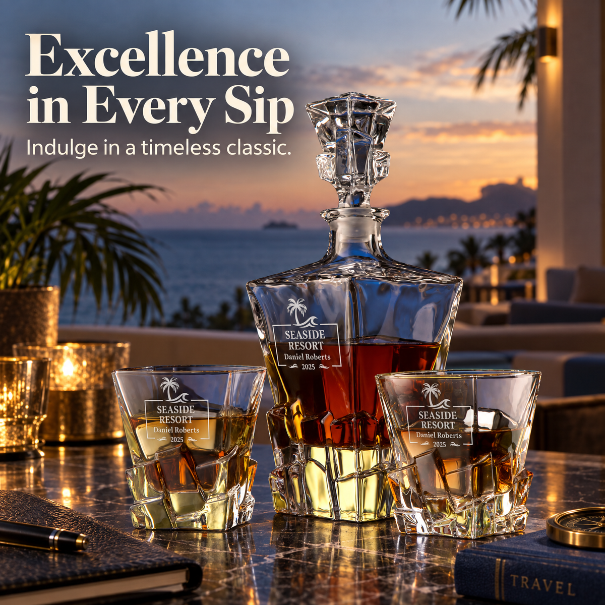 Travel & Hospitality Company Gifts – Rocks Decanter Set with 2 Glasses, 8 Whiskey Cubes & Wooden Box product image