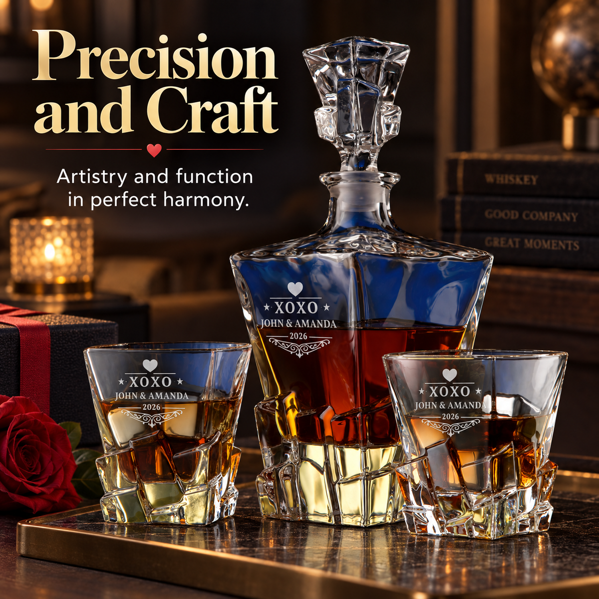 Valentine's Day Gift – Rocks Decanter Set with 2 Glasses, 8 Whiskey Cubes & Wooden Box product image