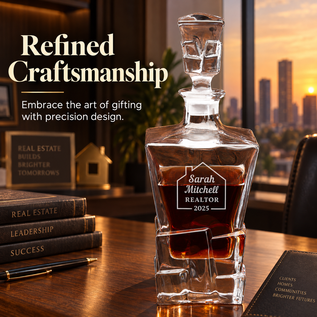 Real Estate Company Gifts – Rocks Decanter Set with 4 Glasses & Wooden Box product image