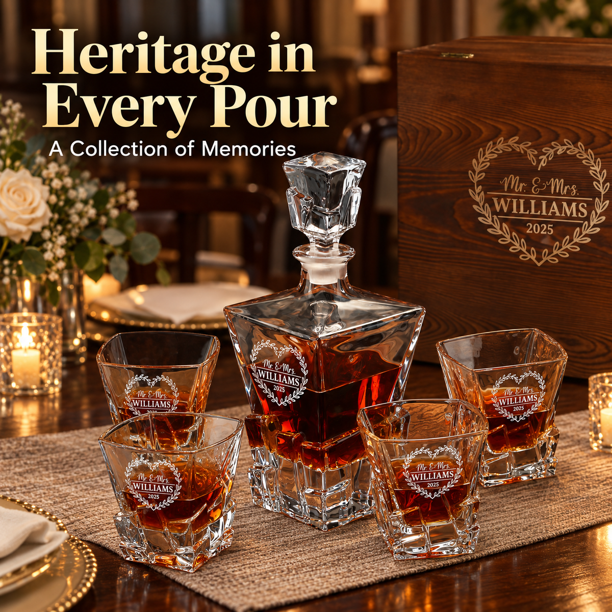Family Gift – Rocks Decanter Set with 4 Glasses & Wooden Box product image
