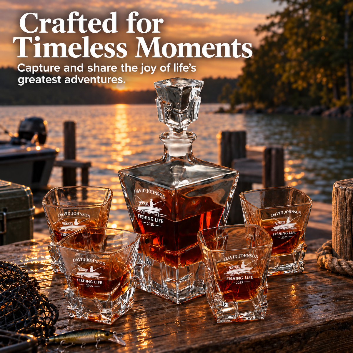 Gift for Fishermen – Rocks Decanter Set with 4 Glasses & Wooden Box product image