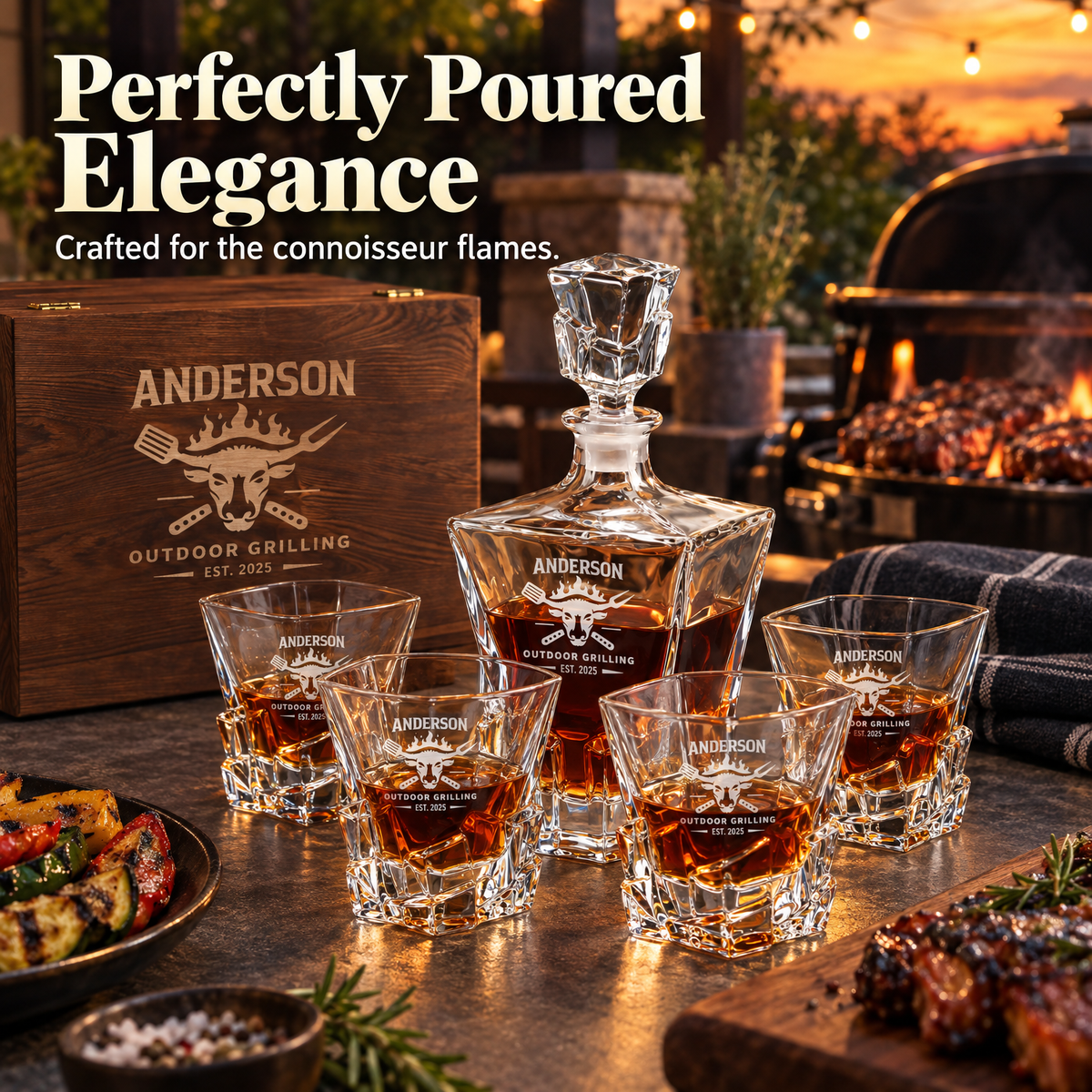 Gift for Grillmasters – Rocks Decanter Set with 4 Glasses & Wooden Box product image