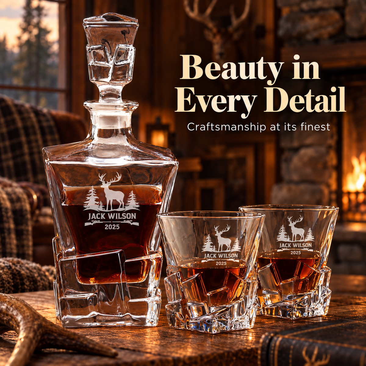 Gift for Hunters – Rocks Decanter Set with 4 Glasses & Wooden Box product image