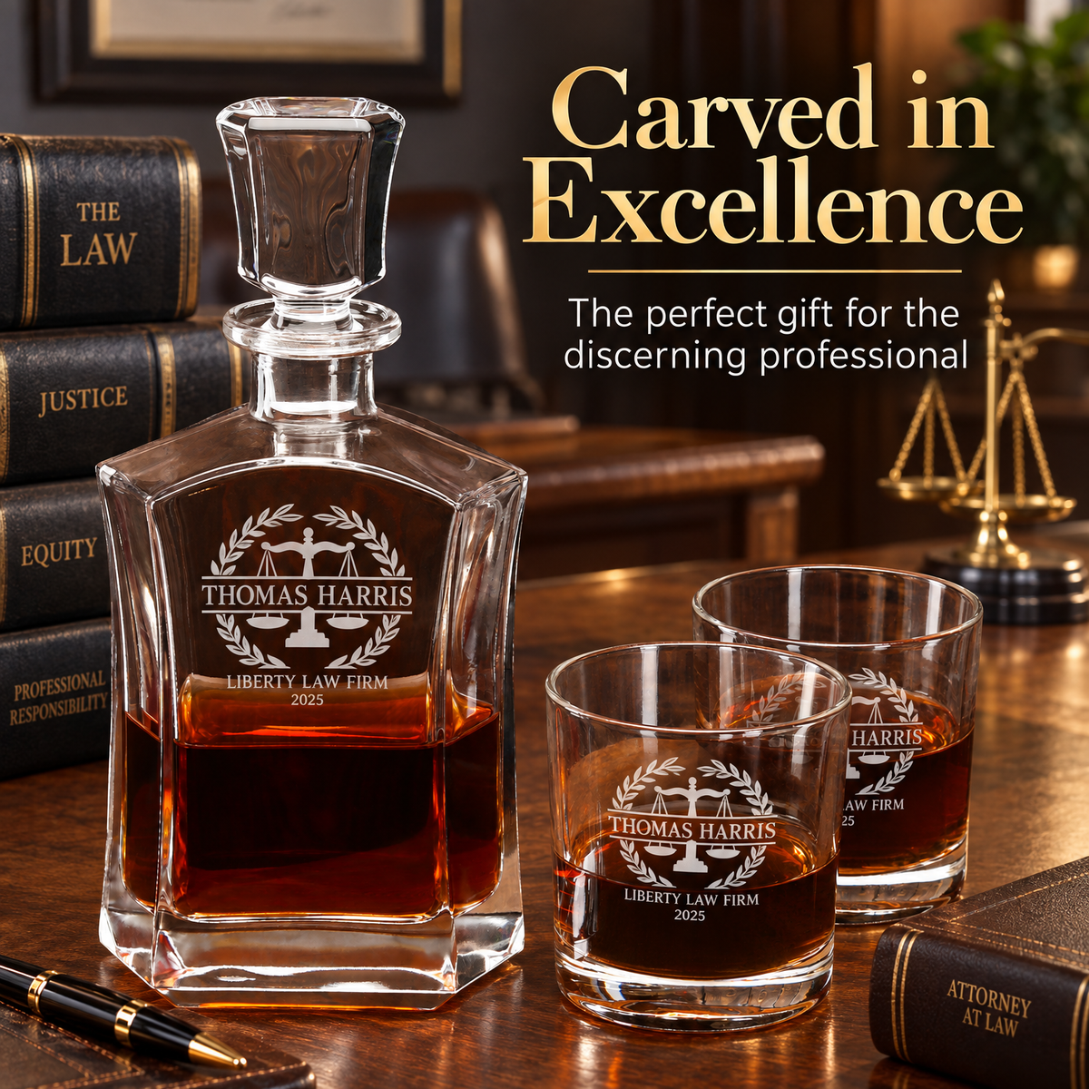 Legal Company Gifts – Slick Decanter Set with 4 Glasses & Wooden Box product image