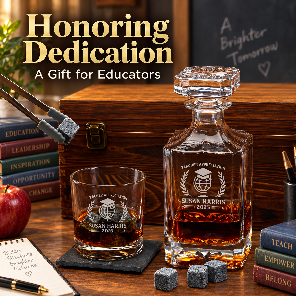Education Company Gifts – Square Decanter Set with 2 Glasses, 9 Whiskey Stones & Wooden Box product image
