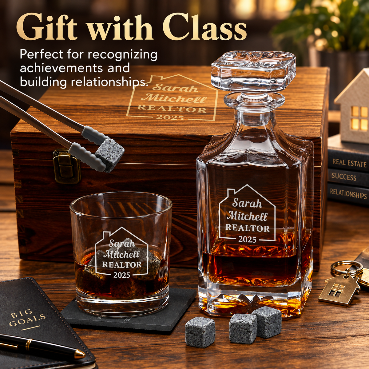 Real Estate Company Gifts – Square Decanter Set with 2 Glasses, 9 Whiskey Stones & Wooden Box product image