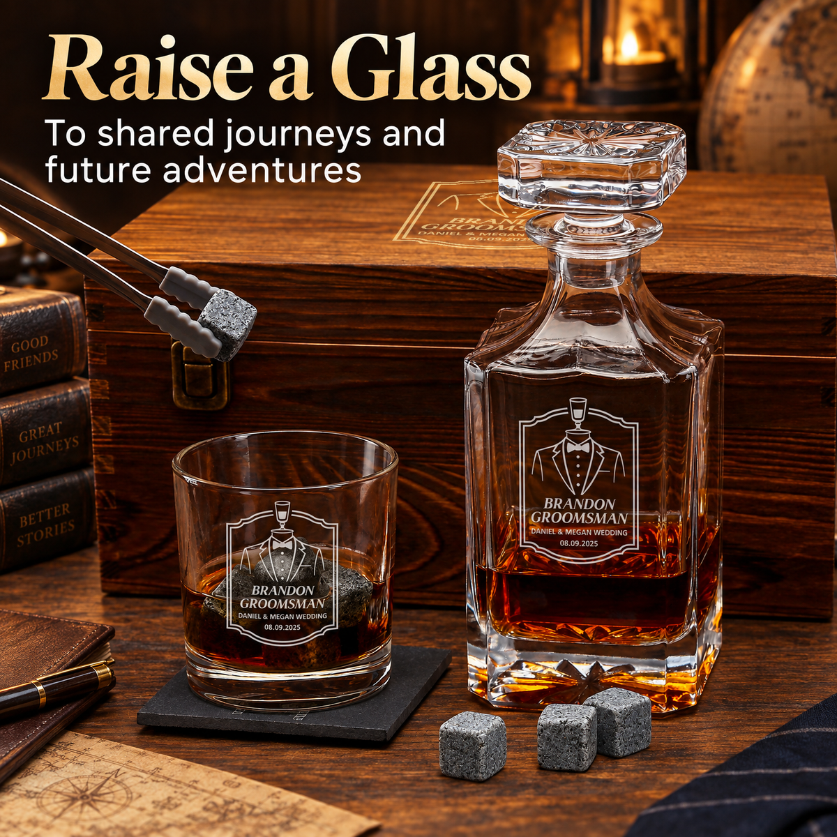 Groomsman Gift – Square Decanter Set with 2 Glasses, 9 Whiskey Stones & Wooden Box product image