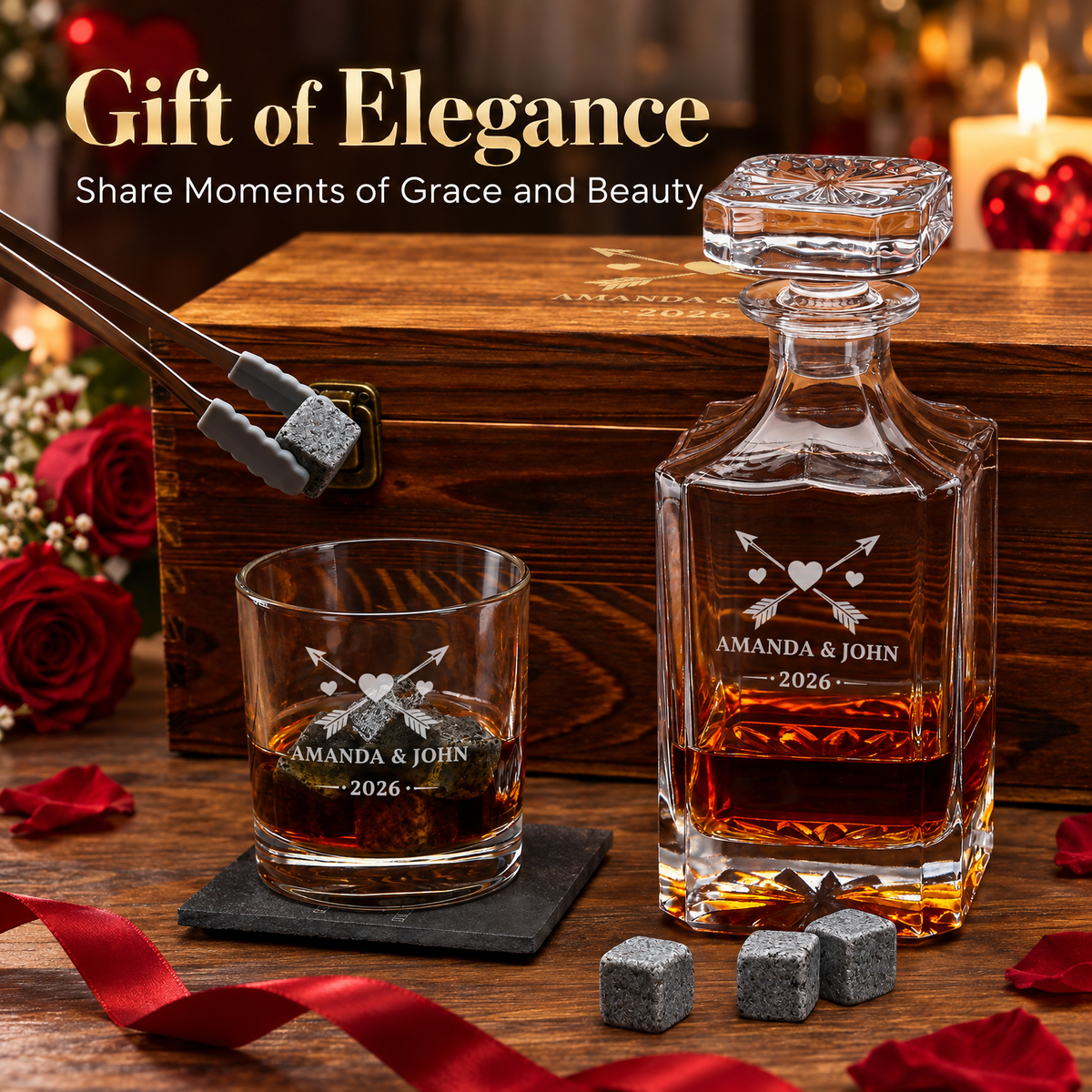 Valentine's Day Gift – Square Decanter Set with 2 Glasses, 9 Whiskey Stones & Wooden Box product image
