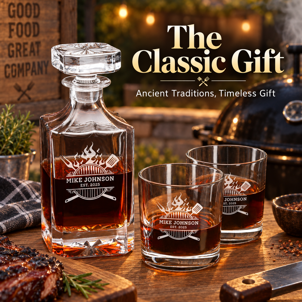Gift for Grillmasters – Square Decanter Set with 4 Glasses & Wooden Box product image