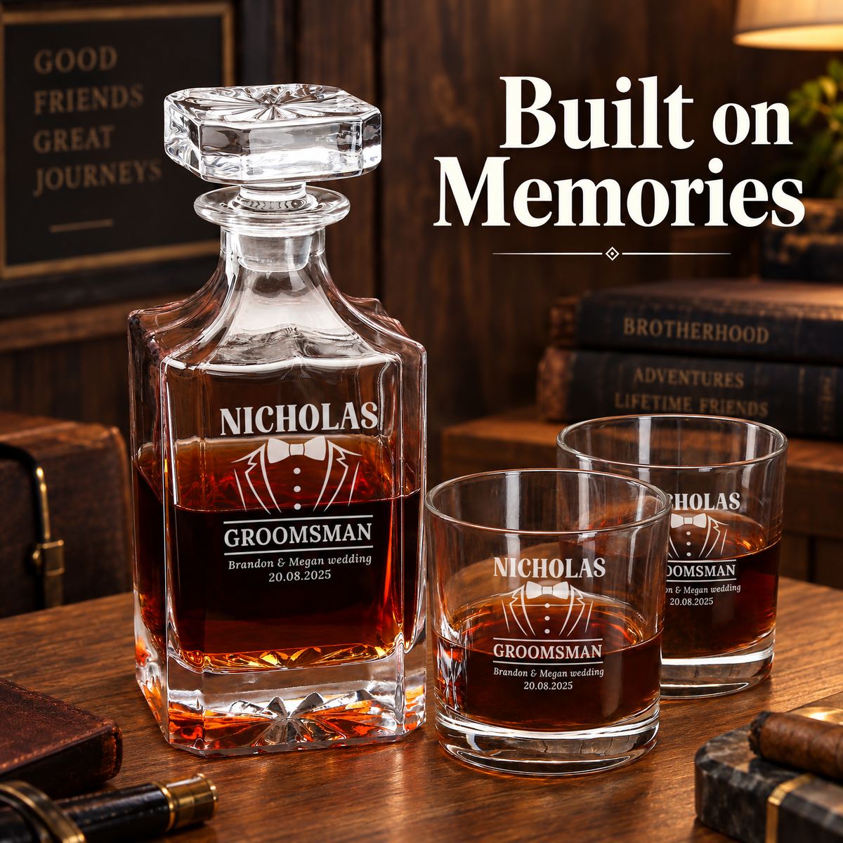 Groomsman Gift – Square Decanter Set with 4 Glasses & Wooden Box product image