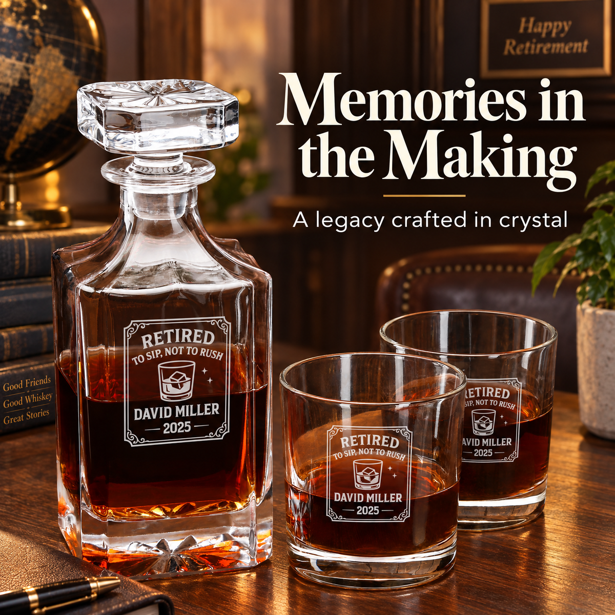Retirement Gift – Square Decanter Set with 4 Glasses & Wooden Box product image