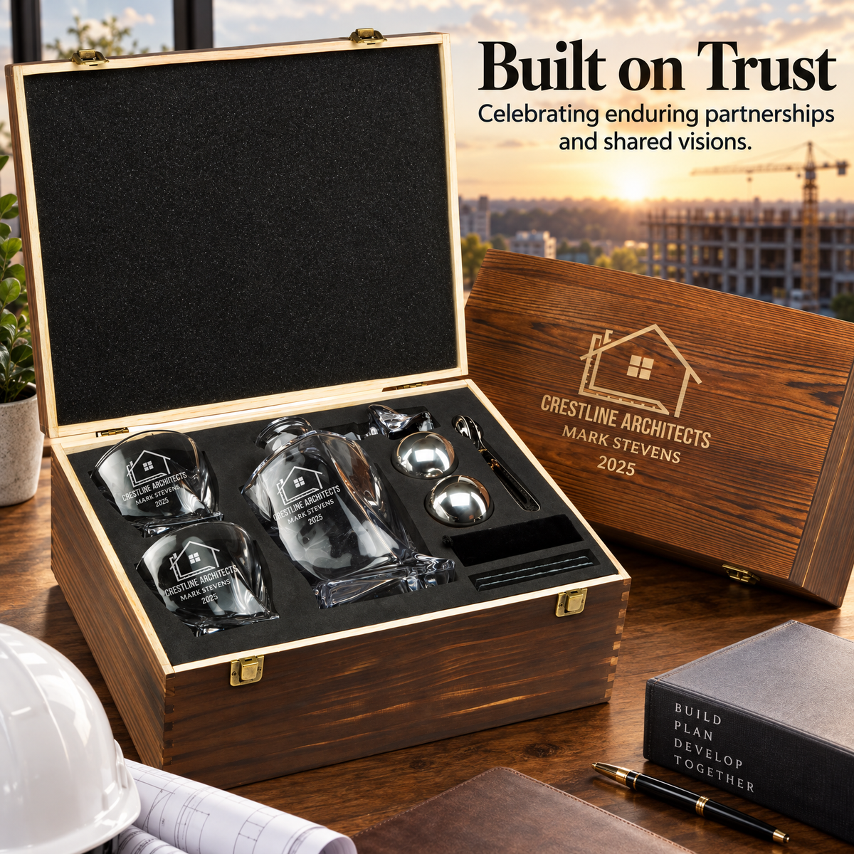 Construction Company Gifts – Twisted Decanter Set with 2 Glasses, 2 Whiskey Balls & Wooden Box product image