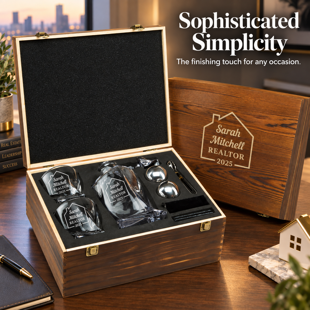 Real Estate Company Gifts – Twisted Decanter Set with 2 Glasses, 2 Whiskey Balls & Wooden Box product image