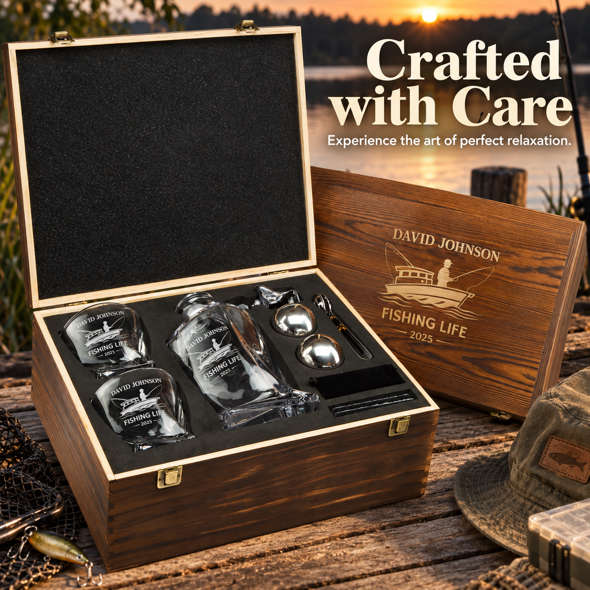 Gift for Fishermen – Twisted Decanter Set with 2 Glasses, 2 Whiskey Balls & Wooden Box product image