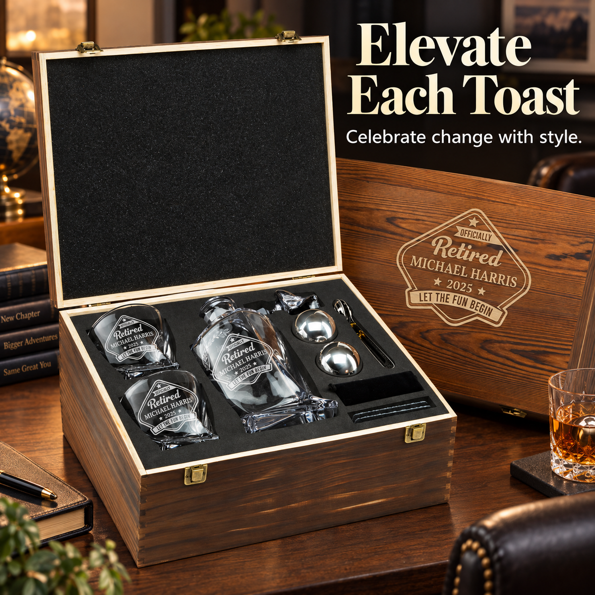Retirement Gift – Twisted Decanter Set with 2 Glasses, 2 Whiskey Balls & Wooden Box product image