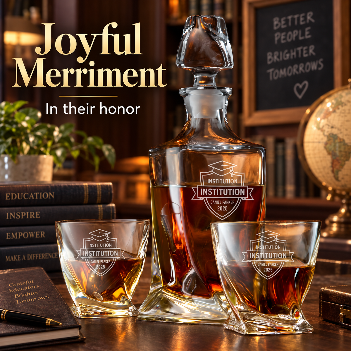 Education Company Gifts – Twisted Decanter Set with 2 Glasses, 6 Whiskey Bullets & Wooden Box product image