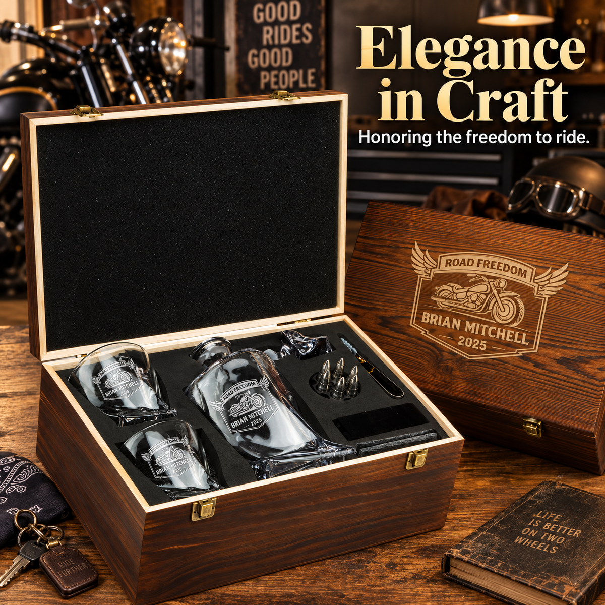 Gift for Car & Motorcycle Enthusiasts – Twisted Decanter Set with 2 Glasses, 6 Whiskey Bullets & Wooden Box product image