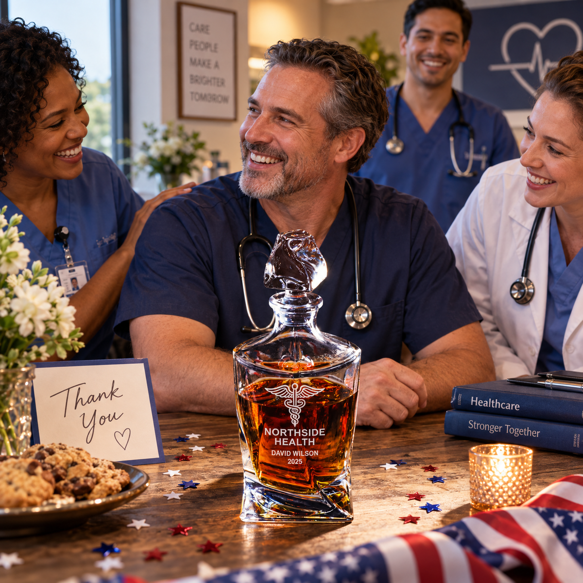 Healthcare Company Gifts – Twisted Decanter Set with 2 Glasses, 6 Whiskey Bullets & Wooden Box product image