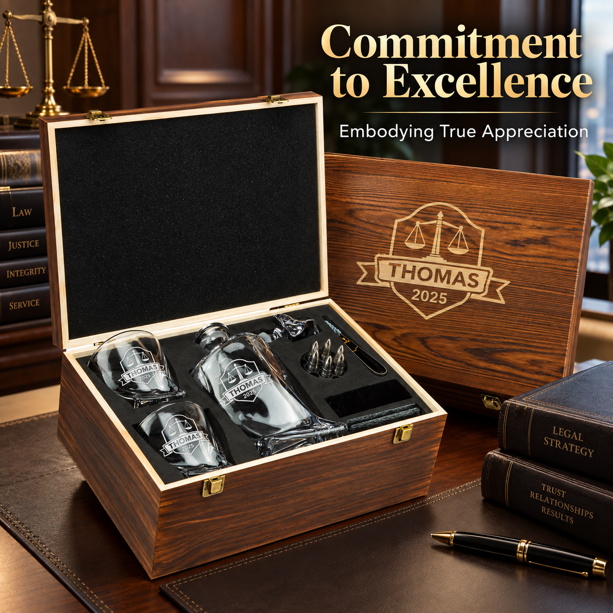 Legal Company Gifts – Twisted Decanter Set with 2 Glasses, 6 Whiskey Bullets & Wooden Box product image