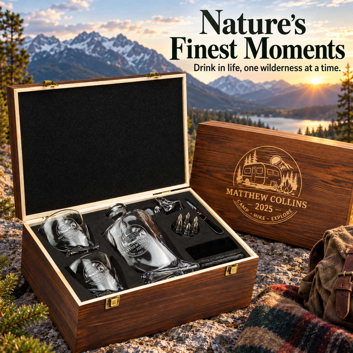 Gift for Outdoorsmen – Twisted Decanter Set with 2 Glasses, 6 Whiskey Bullets & Wooden Box product image