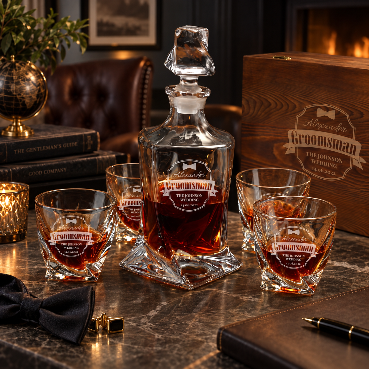 Groomsman Gift – Twisted Decanter Set with 4 Glasses & Wooden Box product image