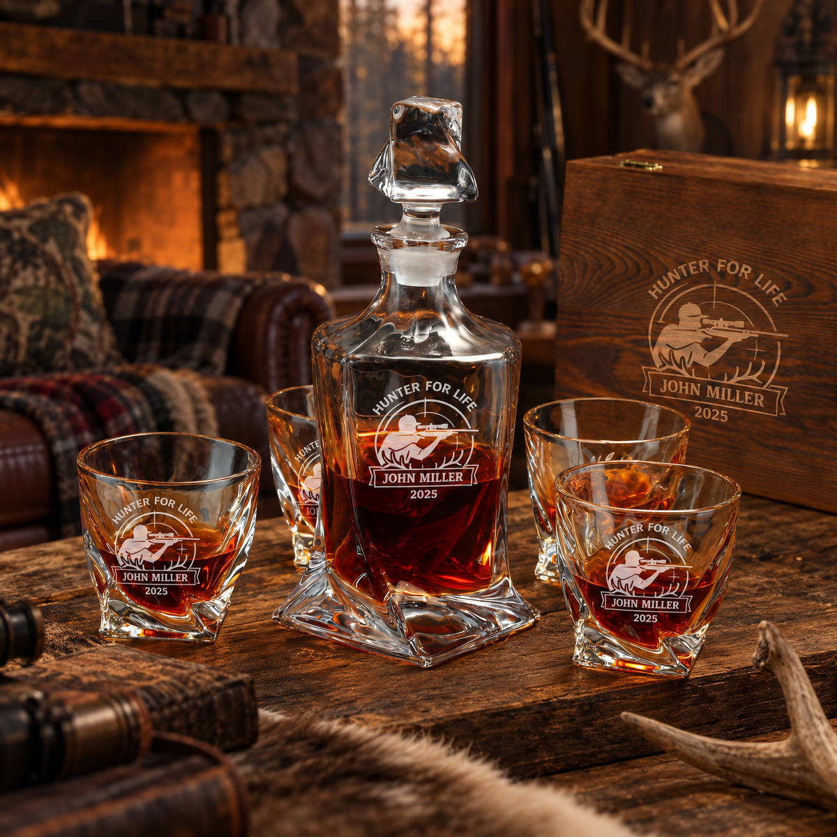 Gift for Hunters – Twisted Decanter Set with 4 Glasses & Wooden Box product image