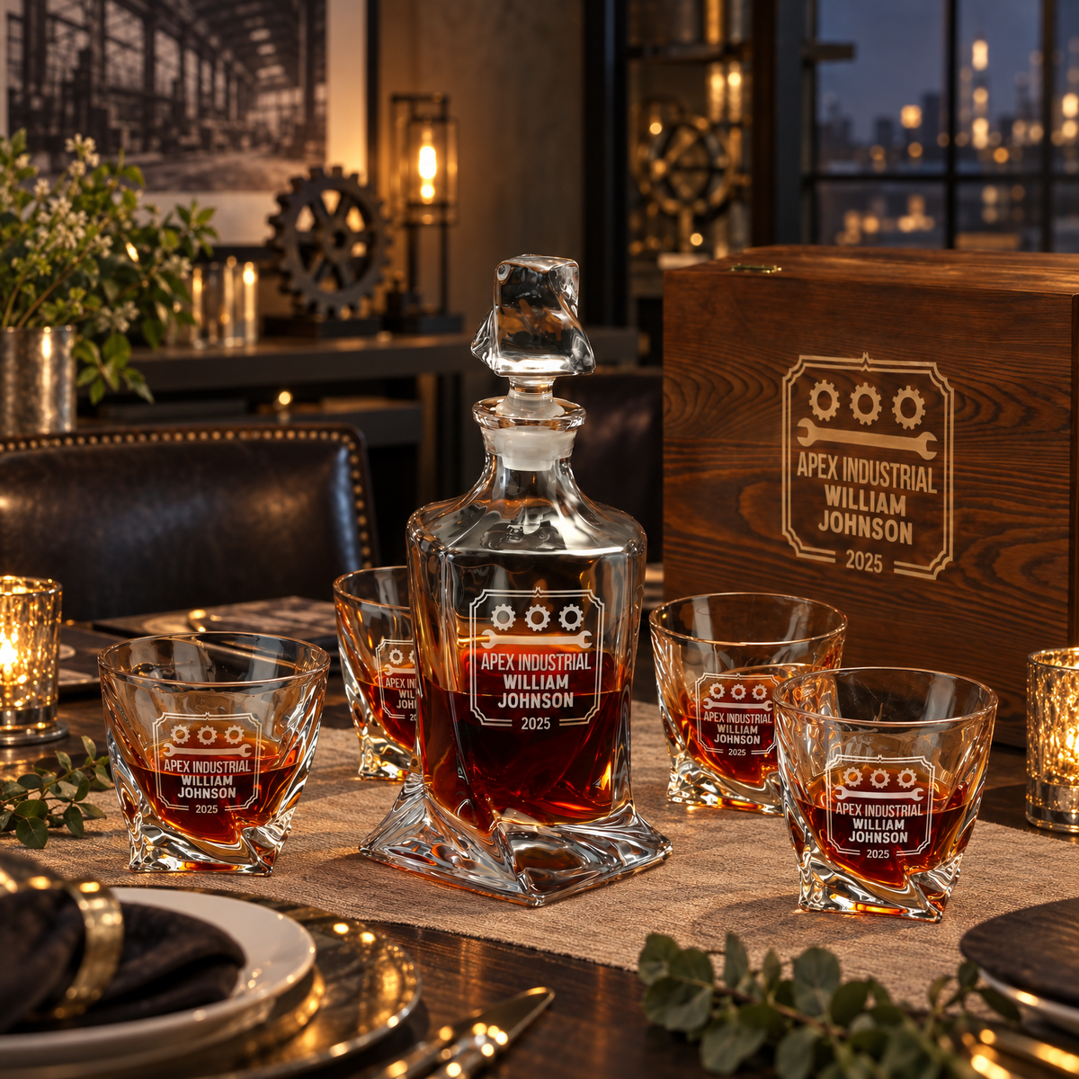 Manufacturing Company Gifts – Twisted Decanter Set with 4 Glasses & Wooden Box product image