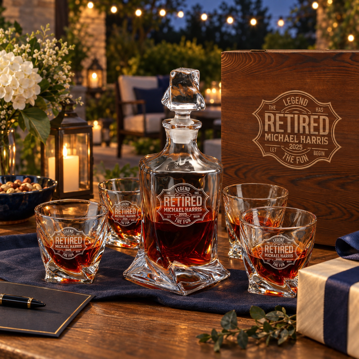 Retirement Gift – Twisted Decanter Set with 4 Glasses & Wooden Box product image