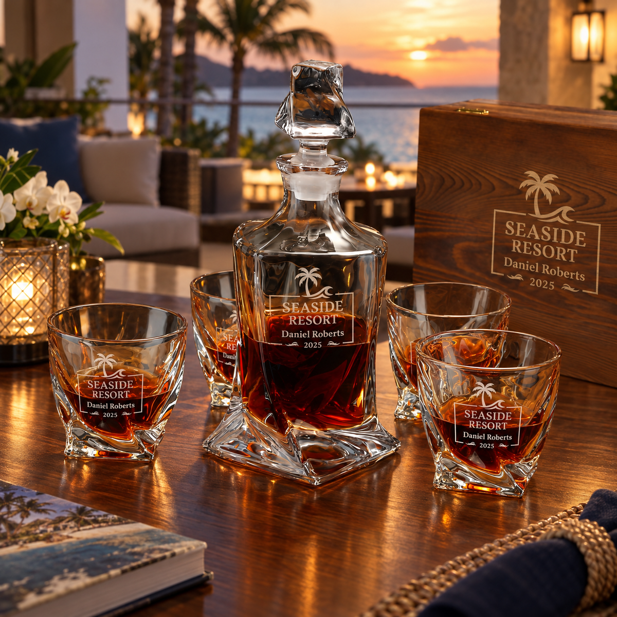 Travel & Hospitality Company Gifts – Twisted Decanter Set with 4 Glasses & Wooden Box product image