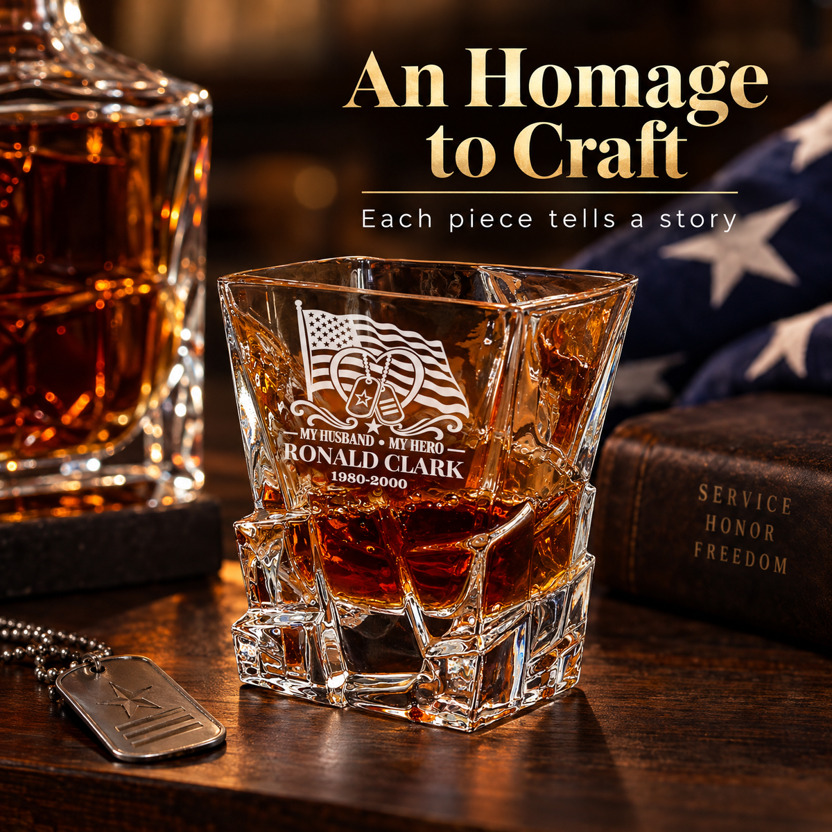 Veterans Day Gift – Stone Cut Decanter Set with 4 Glasses & Wooden Box product image