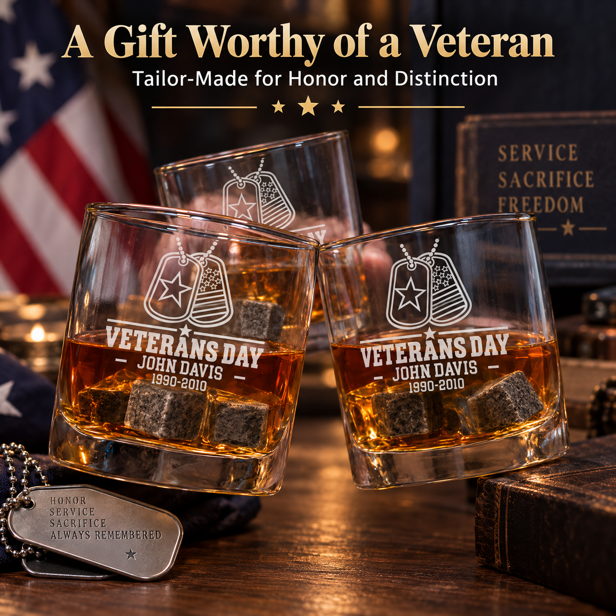 Veterans Day Gift – Old Fashioned Decanter Set with 2 Glasses, 9 Whiskey Stones & Wooden Box product image
