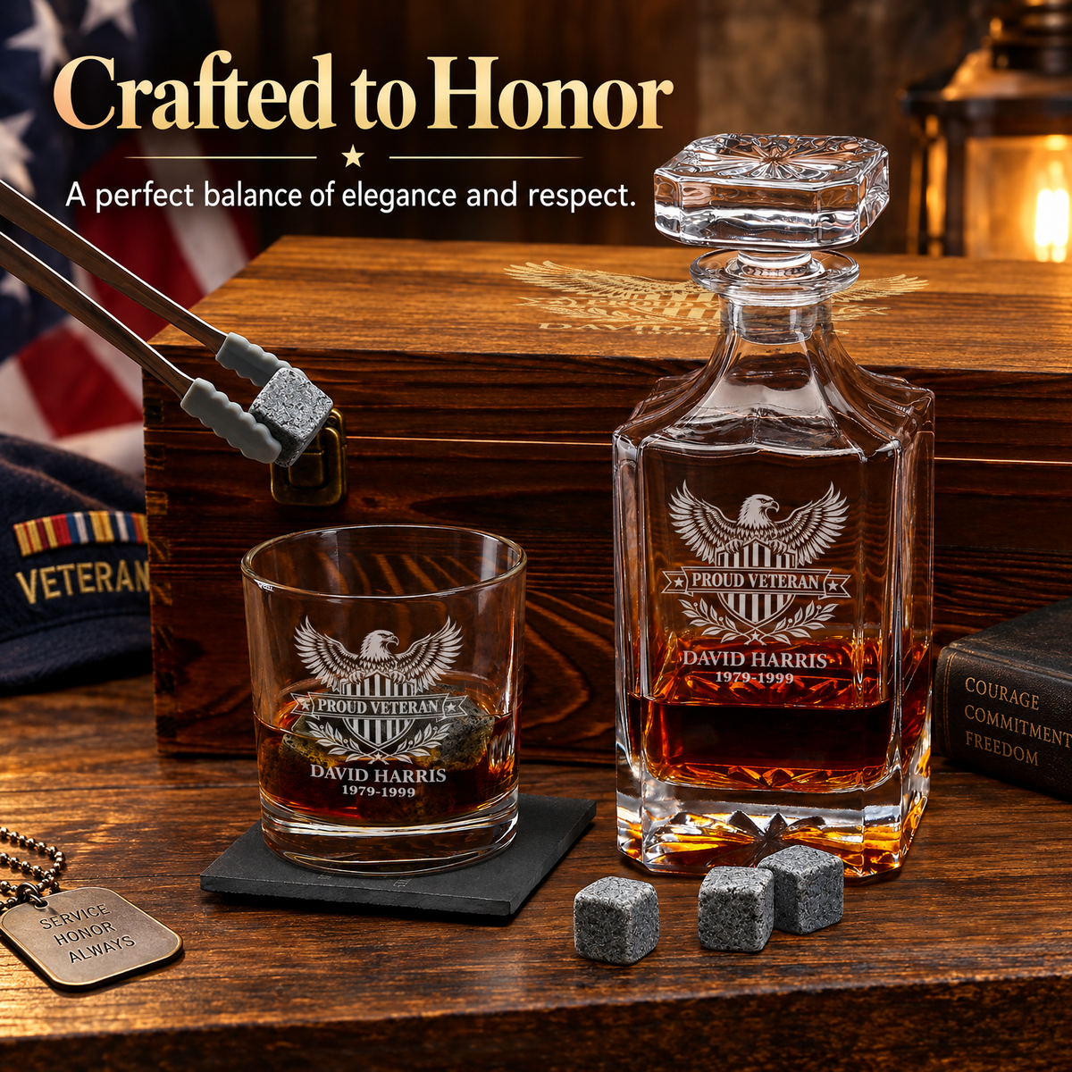 Veterans Day Gift – Classic Decanter Set with 2 Glasses, 9 Whiskey Stones & Wooden Box product image
