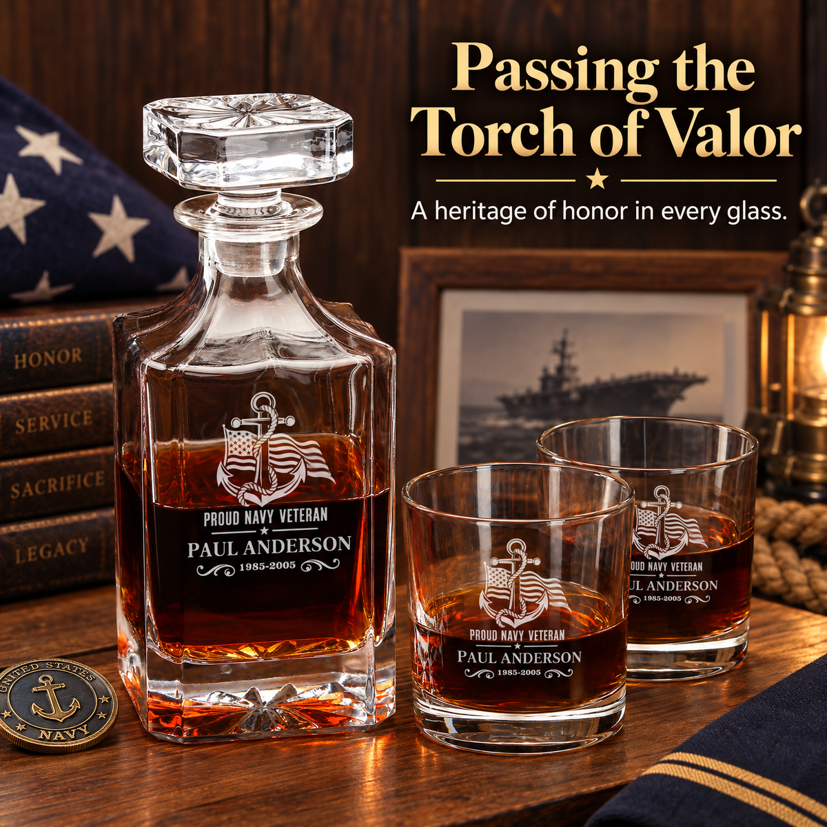 Veterans Day Gift – Classic Decanter Set with 4 Glasses & Wooden Box product image