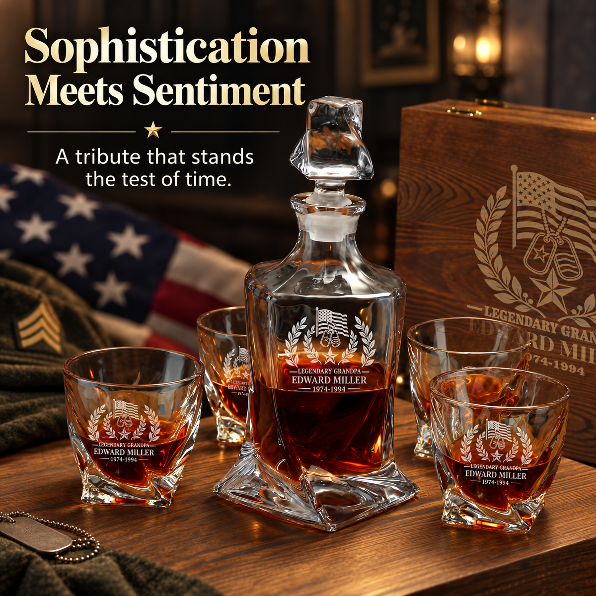 Veterans Day Gift – Twisted Decanter Set with 4 Glasses & Wooden Box product image