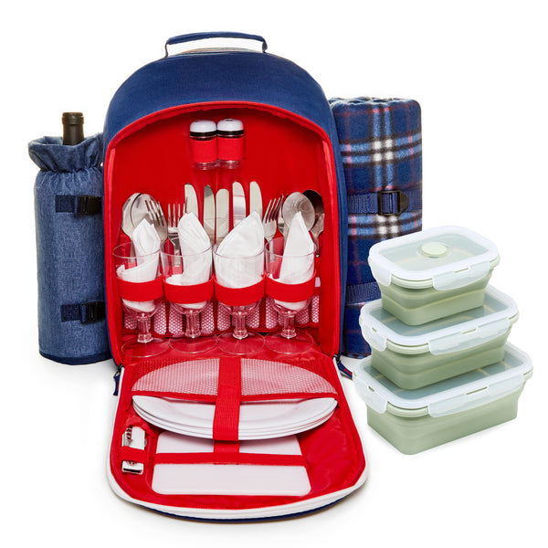 Picnic Backpack Bag for 2 Person with Cooler Compartment, Detachable  Bottle/Wine Holder, Fleece Blanket, Plates and Cutlery (Blue) 