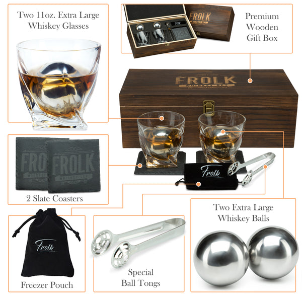 Whiskey Glasses and Whiskey Bullets - Premium Whiskey Glass Set, 2 Glasses for Scotch or Bourbon in Gift Box | Stainless Steel Whisky Stones Shaped