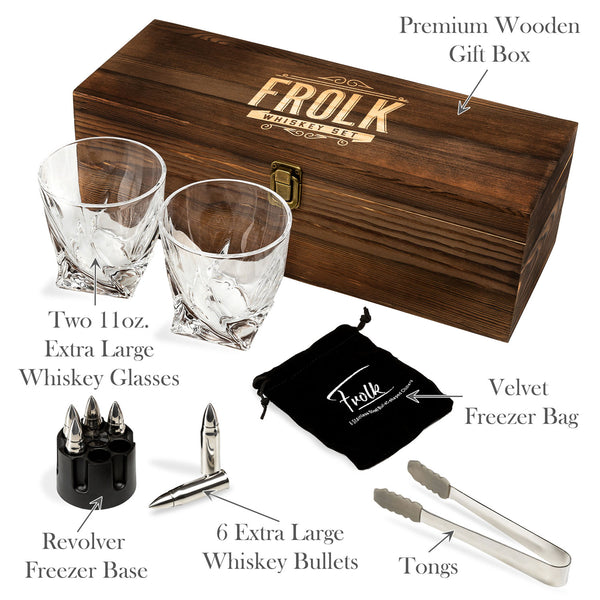 Whiskey Bullet Ice Cubes - Set of SIX personalized stainless steel bullets  with revolver base holder for freezing. Add two matching glasses (optional)