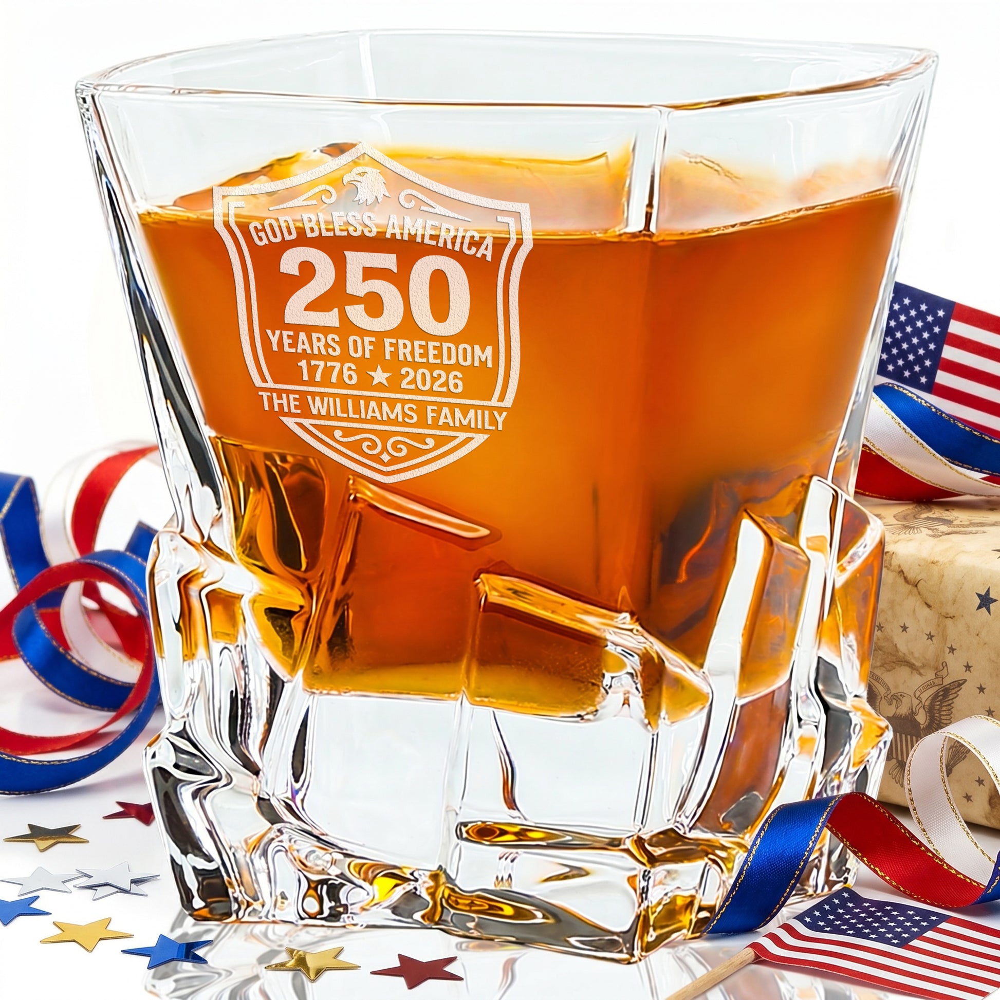 Personalized USA 250th Anniversary Stone Cut Whiskey Glasses — Set of 1, 2, 4 or 6