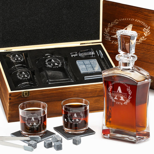 Personalized Old Fashioned Whiskey Decanter & Granite Stones Set – Engraved Gift for Men • Frolk