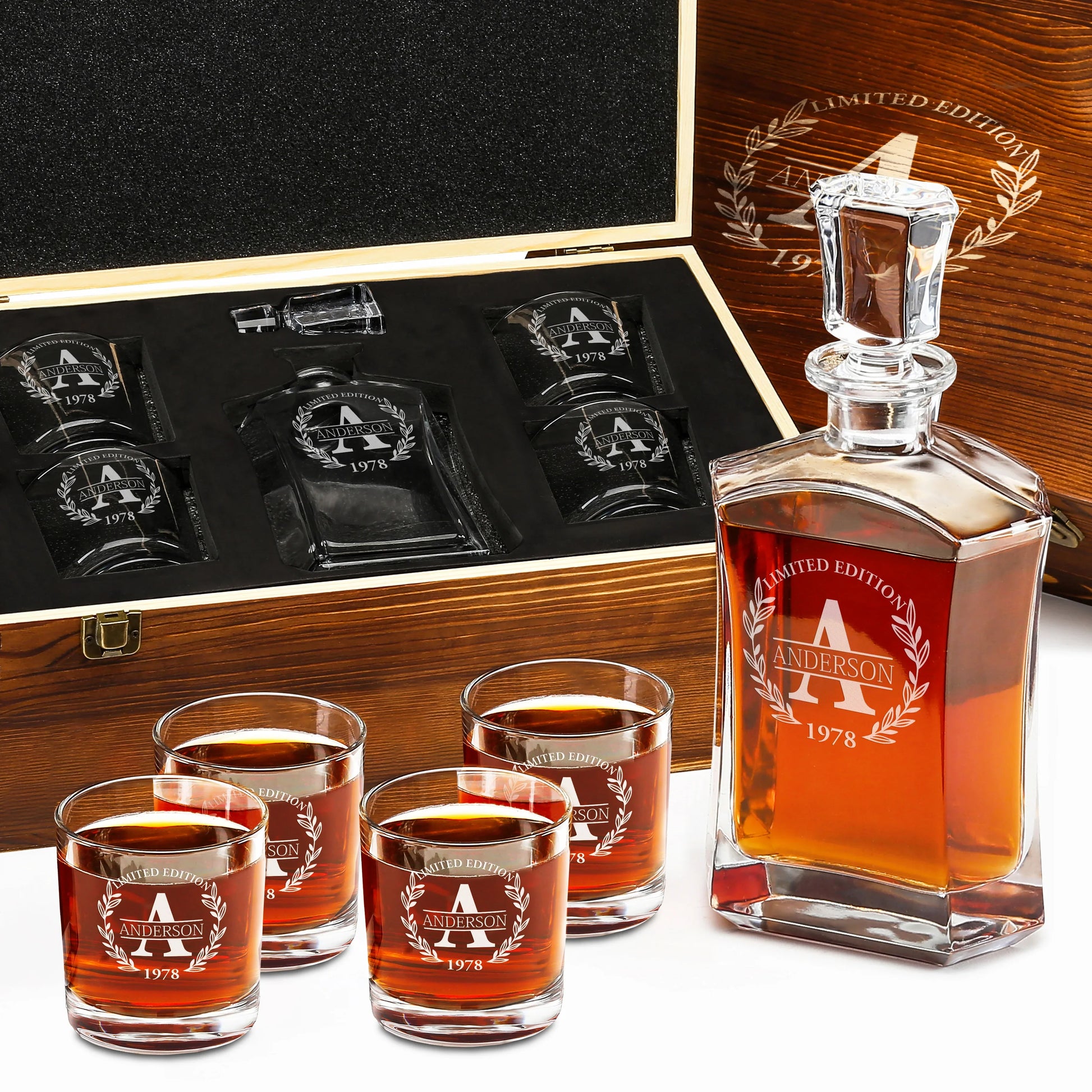 Old Fashioned Frolk Whiskey Gift Set — Decanter, 4 Glasses, Premium Wooden Box