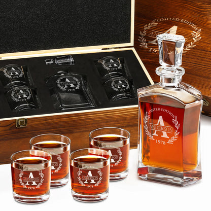 Old Fashioned Frolk Whiskey Gift Set — Decanter, 4 Glasses, Premium Wooden Box