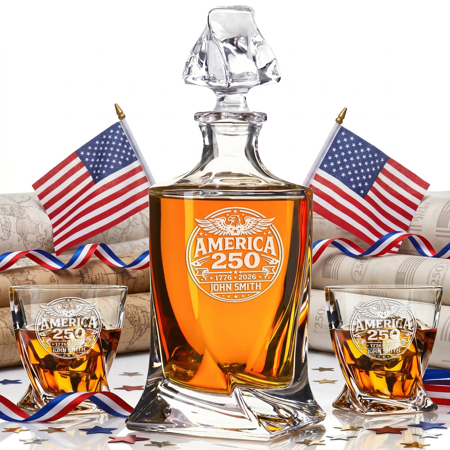 Personalized USA 250th Anniversary Twisted Whiskey Decanter with Optional Matching Glasses product image