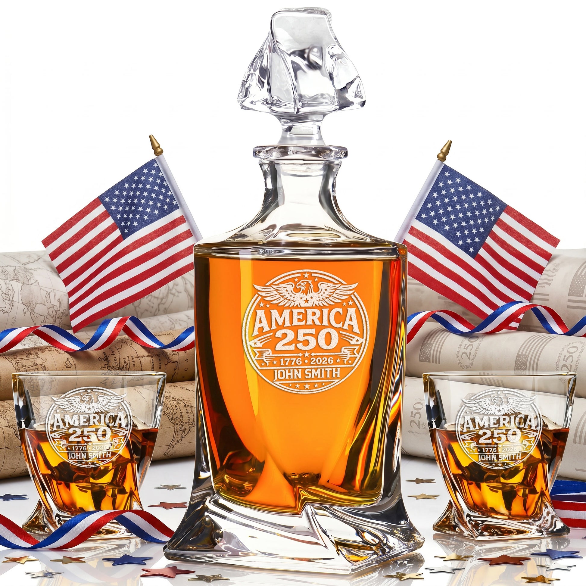 Personalized USA 250th Anniversary Twisted Whiskey Decanter with Optional Matching Glasses