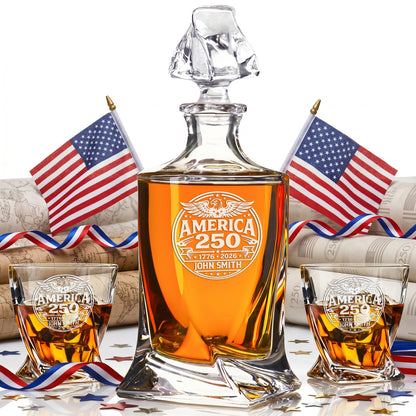 Personalized USA 250th Anniversary Twisted Whiskey Decanter with Optional Matching Glasses