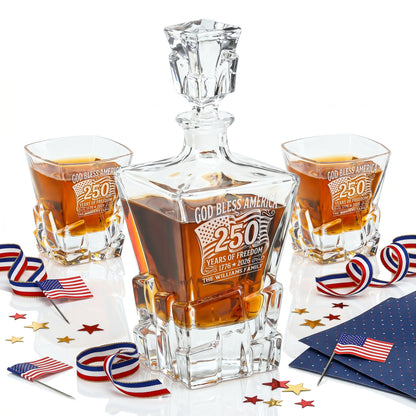 Personalized USA 250th Anniversary Stone Cut Whiskey Decanter with Optional Matching Glasses