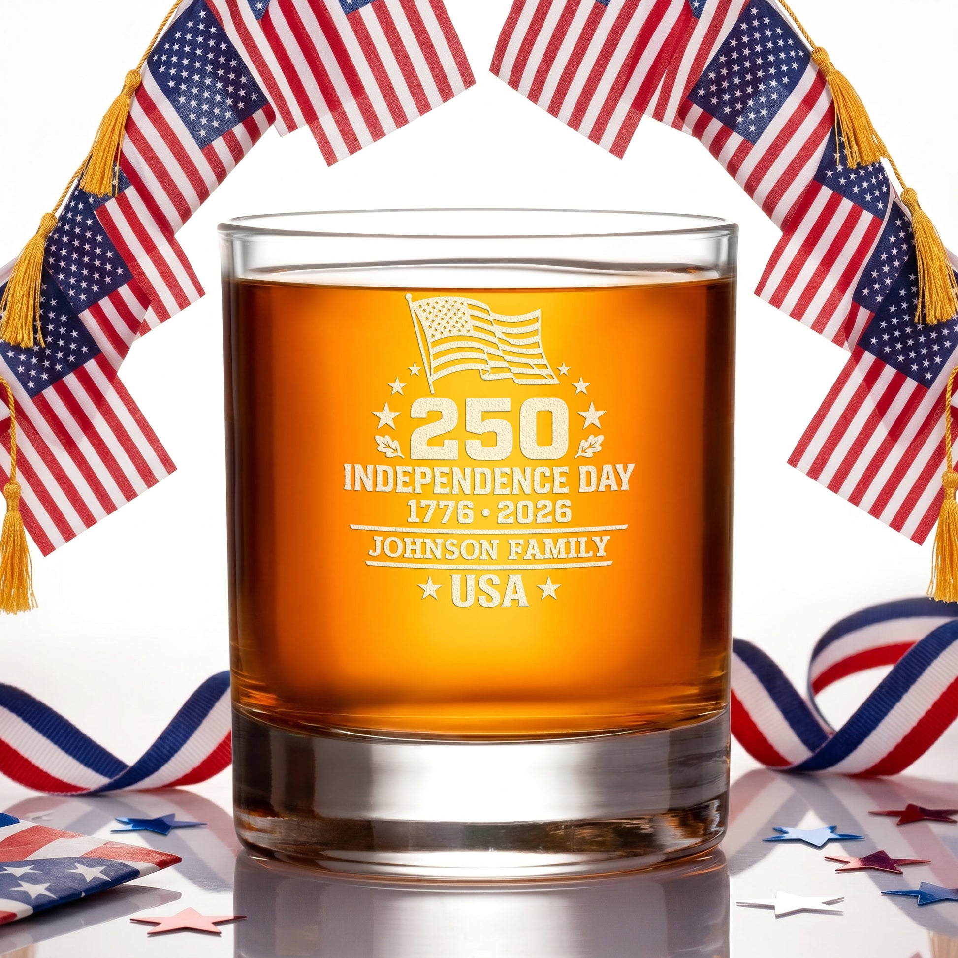 Personalized USA 250th Anniversary Old Fashioned Whiskey Glasses — Set of 1, 2, 4 or 6